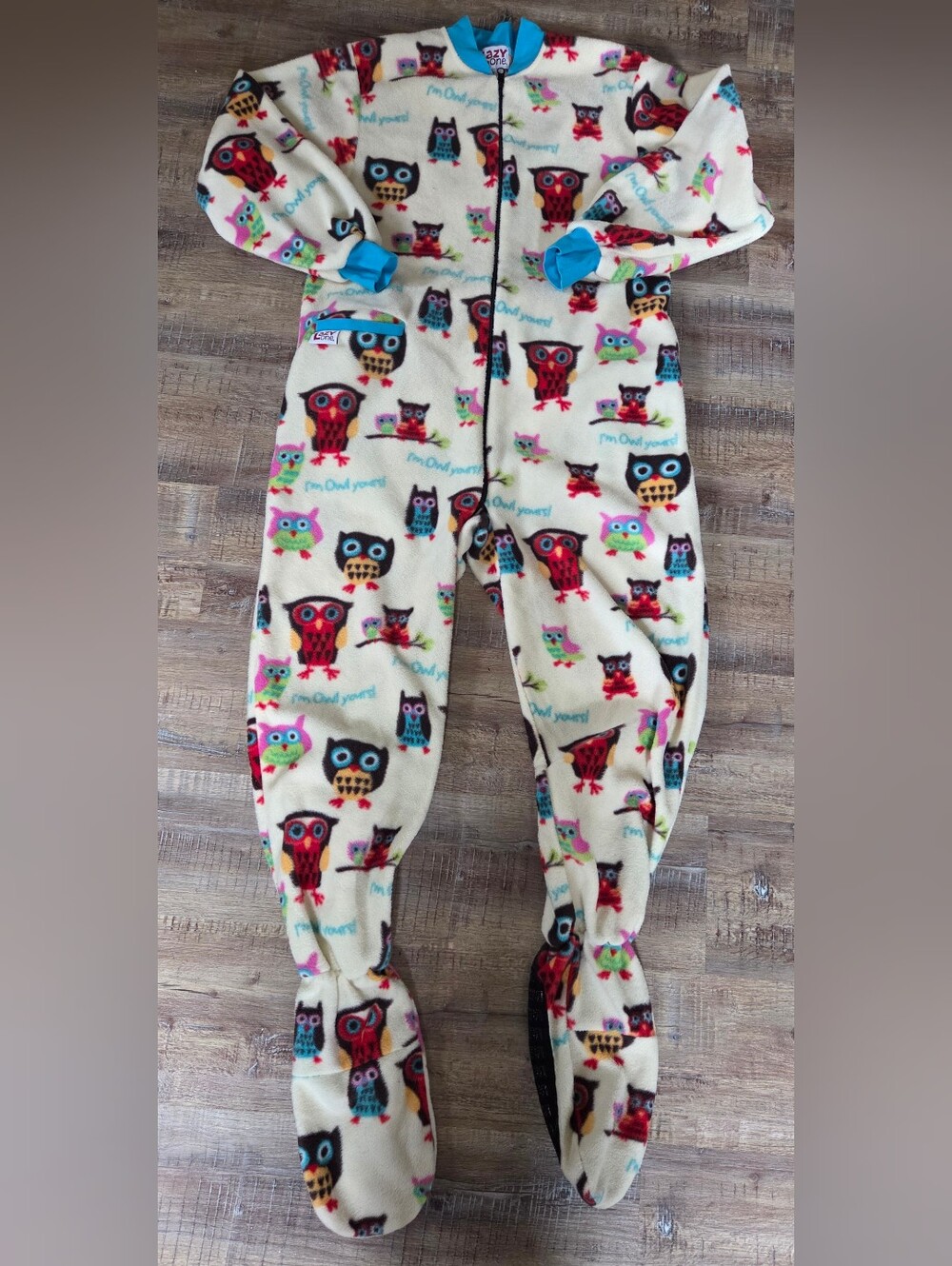 Lazy One Cream Fleece Adult Footed Onsie Pajamas with Multicolor Owls S